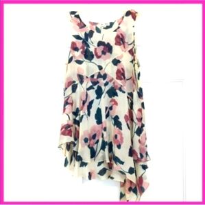 Sumo 100% silk top, asymmetrical hemline. Off-white with floral print Small